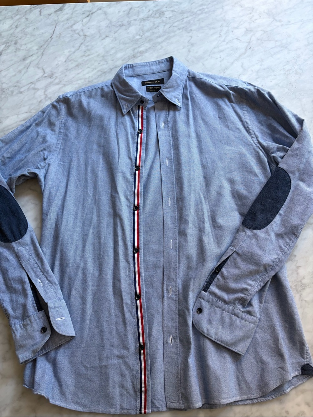 Massimo Dutti Light Blue Button-Up Shirt with Navy Elbow Patches